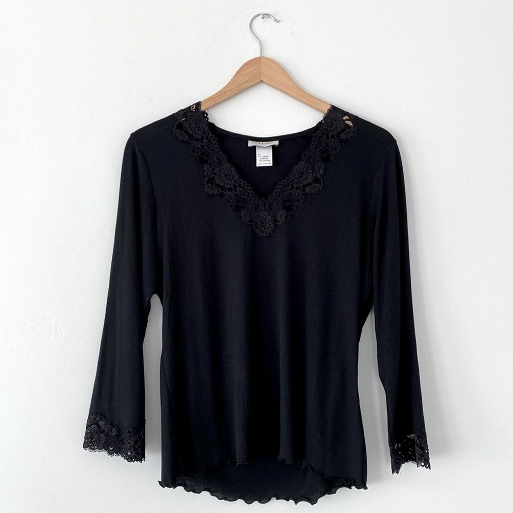 Natori Elegant Black Lace Trim 6/7 Sleeve Blouse Under Layer Sz L NWOT